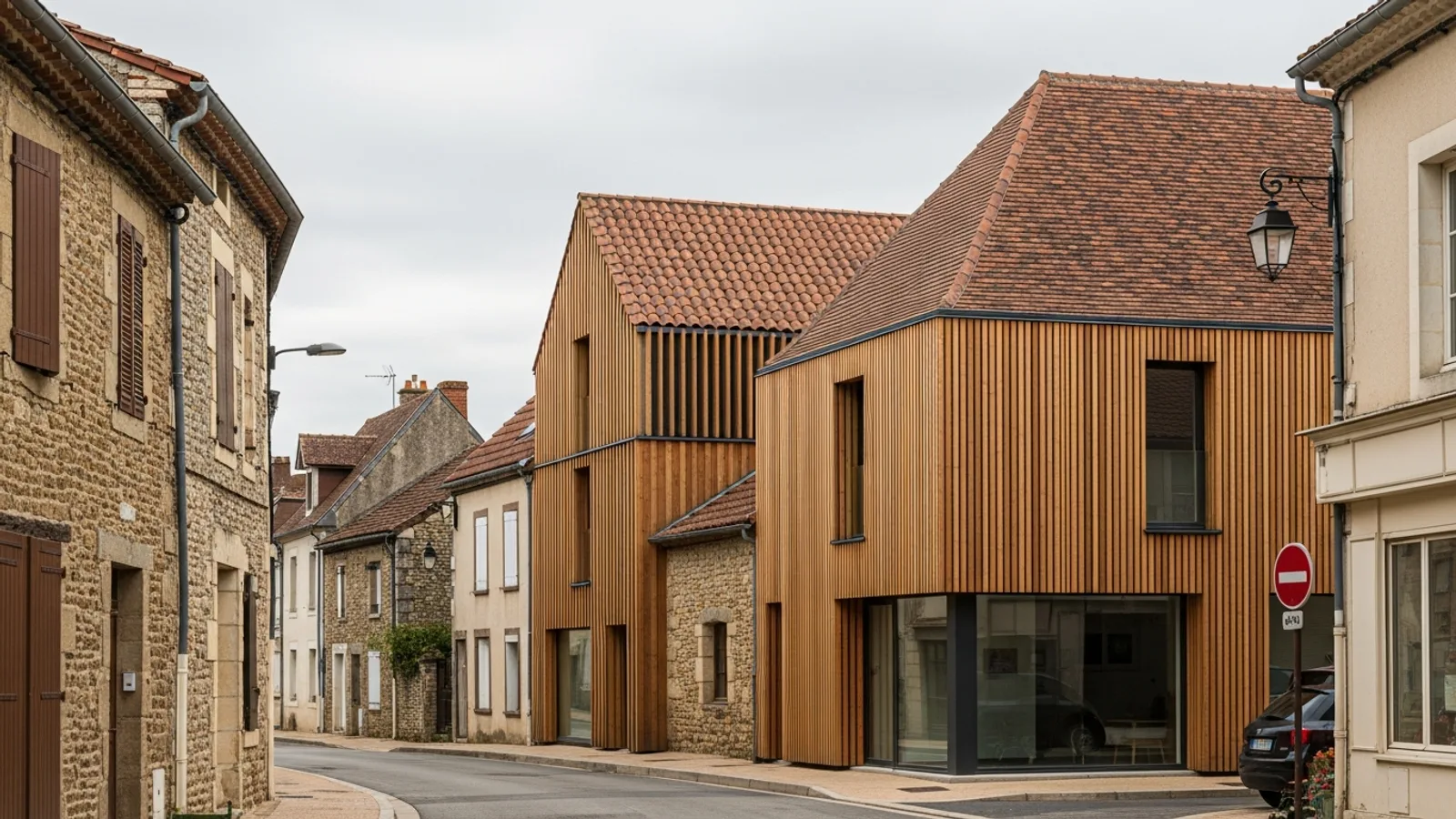 Bâtiment contemporain en bardage bois vertical inséré dans une rue de bourg en pierre