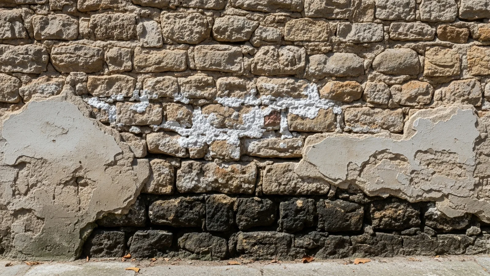 Pied de façade en pierre dégradé par l'humidité, enduit cloqué et traces de salpêtre