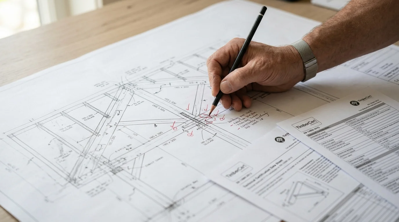 Architecte annotant un plan de charpente en bois avec des fiches techniques de certification